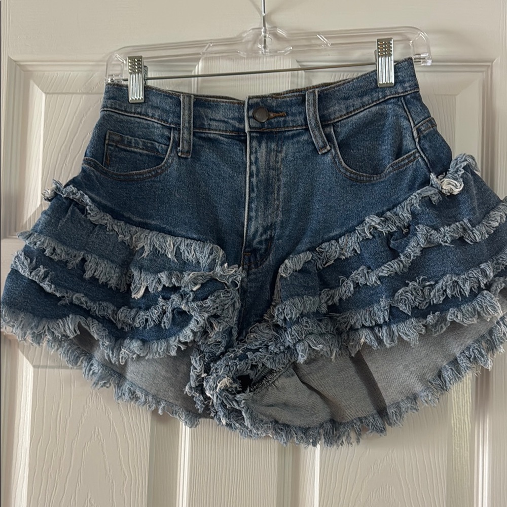Vibrant Blue Ruffle Jean Shorts